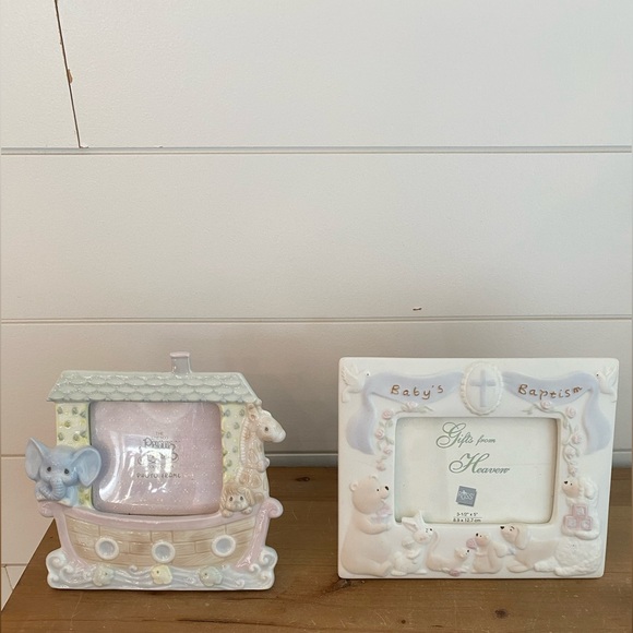 2 Porcelain Baby Picture Frames Baptism Noah's Ark Religious Themed Keepsake - Picture 1 of 8